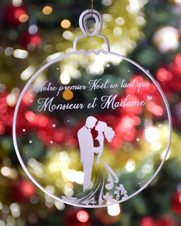 Minuit Creations - Boule de Noël Premier Noël Marié Couple Plexiglass Transparent